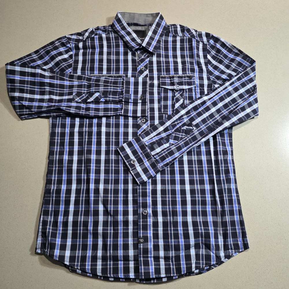 7 Diamonds Mens Medium Blue Plaid Long Sleeve Button Down Shirt Dual Pockets